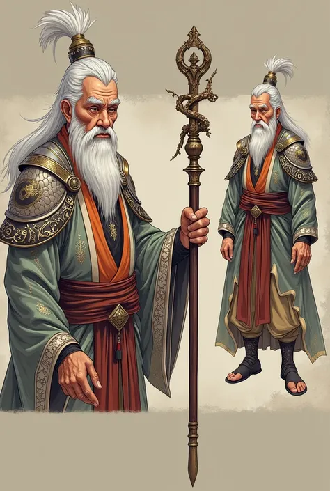  Full size image ,  full body, from head to toe,  in profile and in front of , old man, 60 years old, male anime character , strong, intelligent, ,  wise and very powerful , with armor,  armor based on his animal spirit, warrior, fighter, with armor metali...