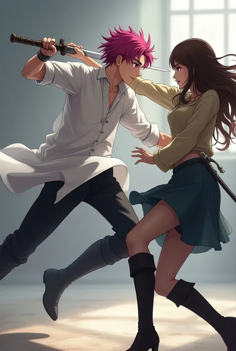 Young male character without a beard, purple and pink eyes with pink hair, large white dress, plain black pants, and boots die dark tall in a running position about to hit a sword cut on a woman with long brown hair with almost no manga style clothes. 