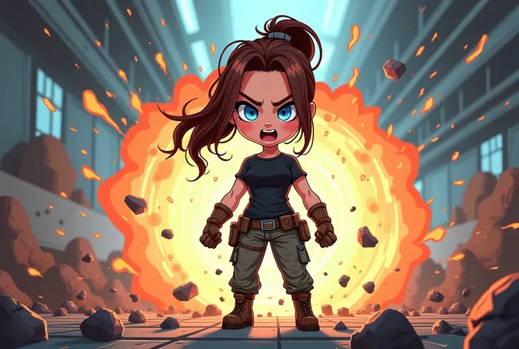 Create a full body illustration ,  in Chibi style/cartoon of a curvy woman with long brown hair ,  tied in a ponytail ,  blue eyes and freckles on your face .  She wears cyberpunk clothing ,  a black t-shirt,  cargo pants, brown military gloves and boots ,...