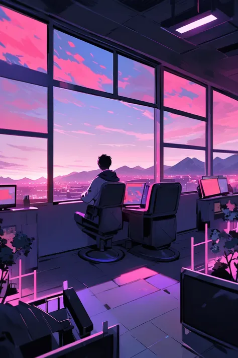  make a boy sitting in a room with a lot of screens on and with a beautiful landscape outside the window, Use very contrasting colors and make a simple design 