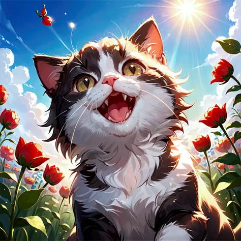 A small flower bud pops out from the top of the kittens head，Looking up at the camera, Smile,  lens flare , 