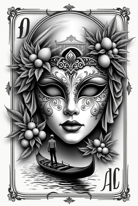 Design tattoo postage stamp Venetian theme black and white with Rialto bridge in the background , a Venetian mask  , A lemon tree ,  a gondola with gondolier 