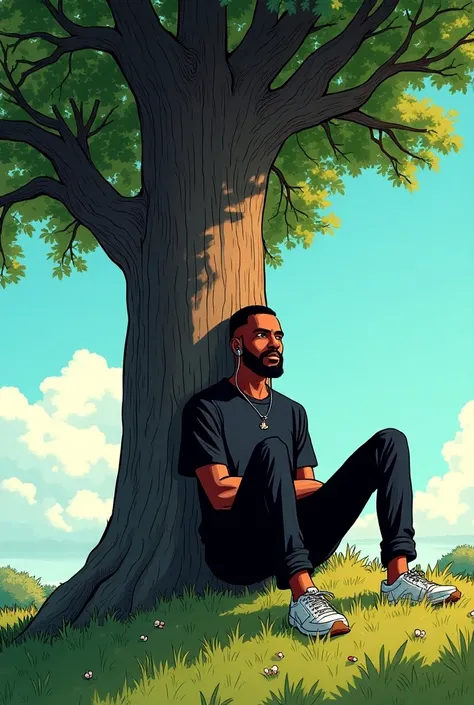 Create comic book studio-style image
26-year-old black man with a low beard and earphones in black blouse and black pants sitting and white sneakers leaning against the bottom of a tall and wide tree on top of a hill