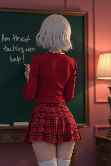  In the distance you can see a real Korean woman with completely white semi-wavy and short hair with bangs dressed in a red school uniform, She is on her back writing on the blackboard of a sexy and provocative living room  ,( wears a red checkered mini sk...