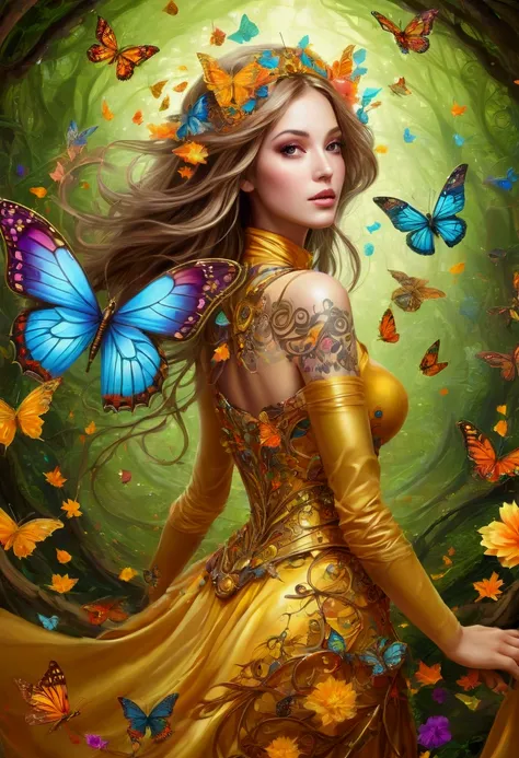 surreal painting illusion contrast separate elements surreal exagonal spiral fractal acyborgpunk steampunk style a beautiful princess athens europe golden clothes feel the beauty and happiness butterfly wing tattoos beautiful flowers falling leaves firefli...