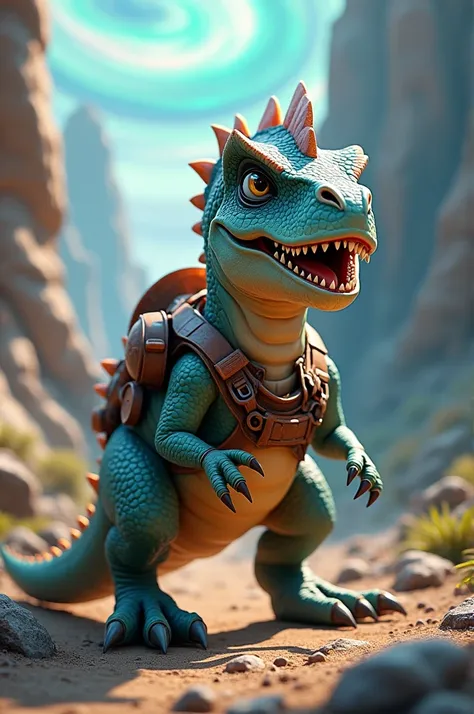 small dinosaur animated in 3d being a soldier