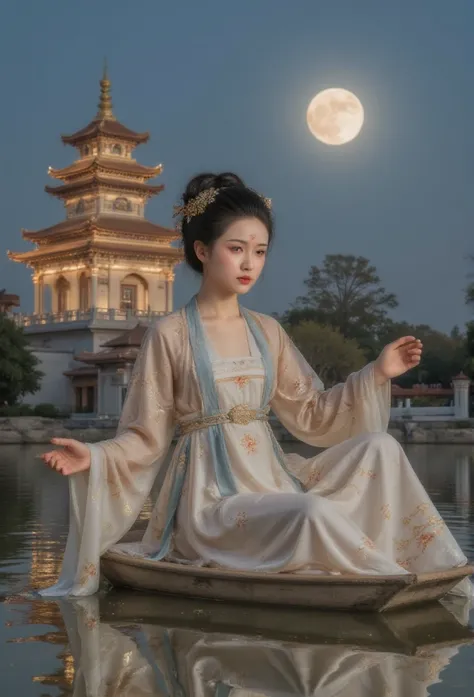 GGGJAAA ，Fabrication，Huadian  ，Hanfu， Magnificent architecture ，palace， ， east asian  ，  highest image quality 、Real images、 Its the best quality ,masterpiece,  highest image quality 、Real images、 middle,   An anime girl in a white dress floating a boat in...