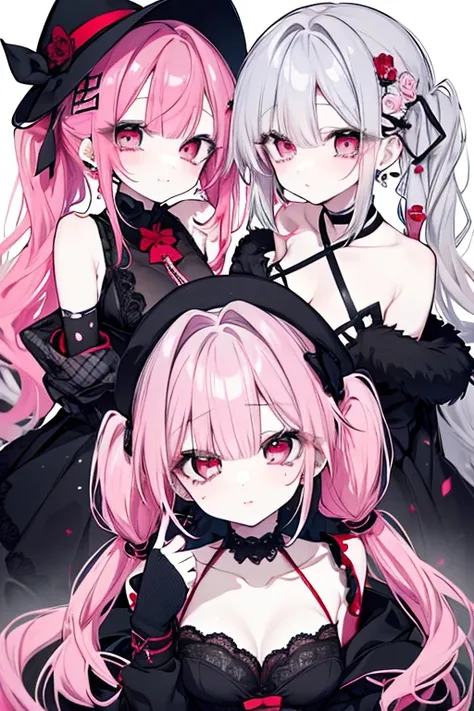  1 girl、 mature、Ample breasts、Long Hair、 long lashes、Beauty、 beautiful face、 white skin、 red eyeshadow、Red nails、Red Lip、Trimmed bangs、Trimmed hair on both sides of the face、Pink grey hair、 twin tails、2つの Had、Earrings、 sexyなドレス、 black dress、 lace fabric、 s...