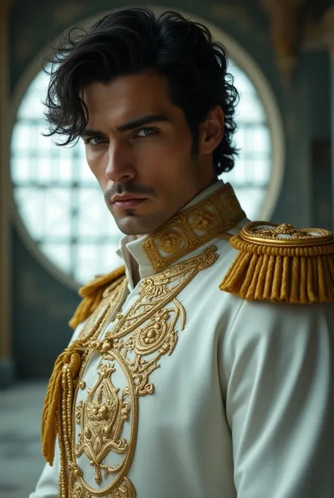 Close-up of a man wearing a white uniform with gold trim, royal military uniform, , human male paladin, Magali Villeneuve, male paladin, Paul Atreides, beautiful character, arrogant man, fantasy type, fantasy character وجه مهيب، تعابير جاده، شعر داكن   خلف...