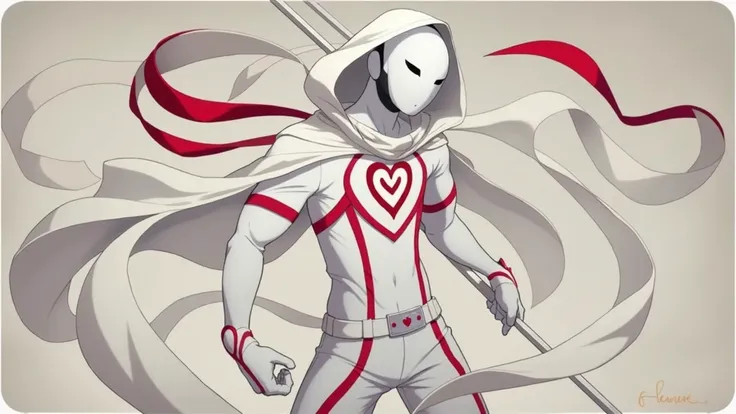 "Create a refined, anime-inspired illustration of a character known as the Knight of Cups. The character wears a sleek, formal uniform in white with red accents, including a prominent red heart symbol on the chest. His face is covered by a full white mask ...