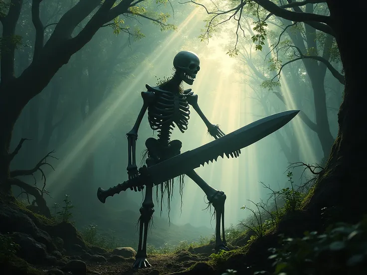 Skeletal man with a large sword in his hands, threatening, monster, surrealist, dark fantasy, dramatic light, by Aitor Throup, forest at dawn