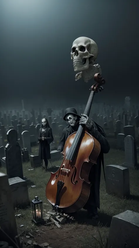 "Skeletons in a graveyard, holding eerie bone instruments like violins, cellos, and trumpets, with intense and haunting expressions on their skull faces, preparing to play; ultra-realistic 8K, terrifying and detailed, surrounded by tombstones and dense fog...