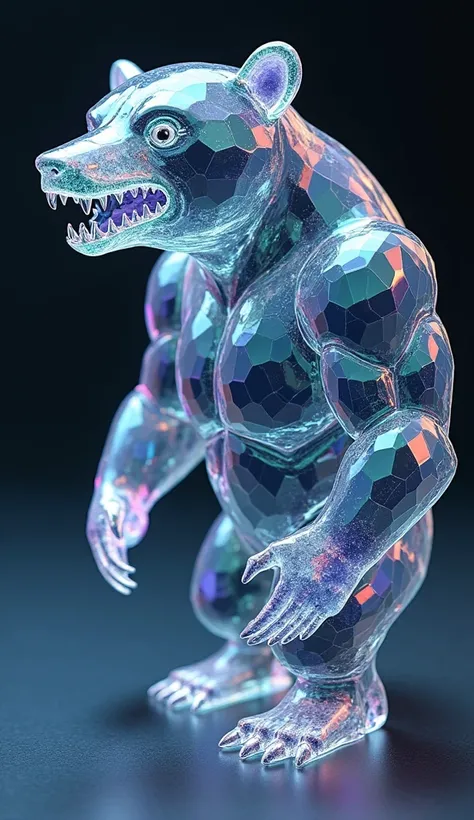 Create an image of a hybrid between a bear and a shark, made of crystal. The hybrid must have the muscular body of a bear with the faceted skin and crystal teeth of the shark. The face should combine characteristics of the two animals, with a translucent a...