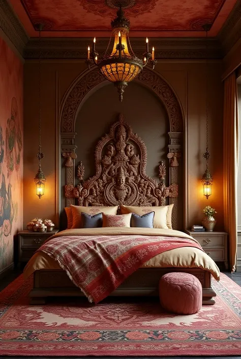 Turn religion Hinduism into a beautiful Bedroom. Give many details 