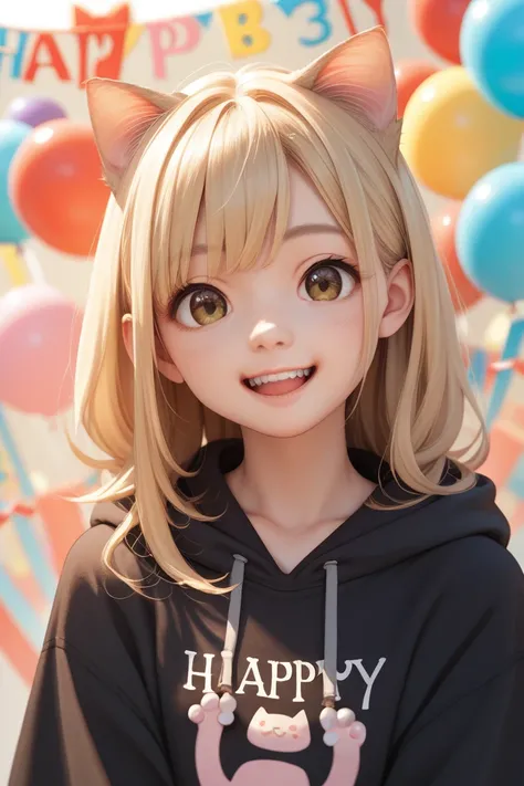 anime、Best Quality,  face focus ,  Soft Light , 1 Japanese Girl, solo, cute, ( medium shot :0.5), ( Brown Eyes , Light in the eyes),  Detailed Beautiful Face , ( long blonde hair ),birthday，Cat ear hoodie，Double teeth， Happy Birthday 