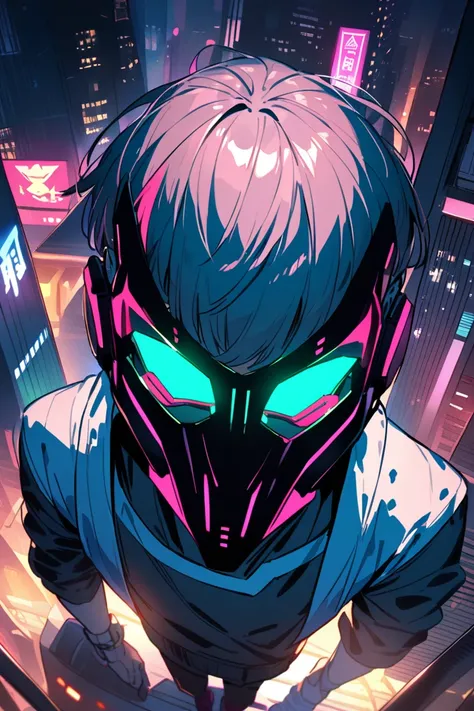 1 Anime boy wearing cyberpunk mask, neon mask, detailed mask, face facing forward, close-up, from above, cyberpunk city