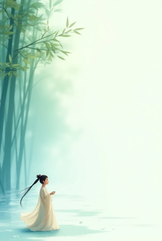 極簡唐伯虎水彩Rendering畫， A small corner of the image has an antique cute and beautiful teenager surrounded by transparent water droplets simulating a transient art texture， Focused background Clear blue sky light green bamboo forest 、Gorgeous、Rendering、Color pat...