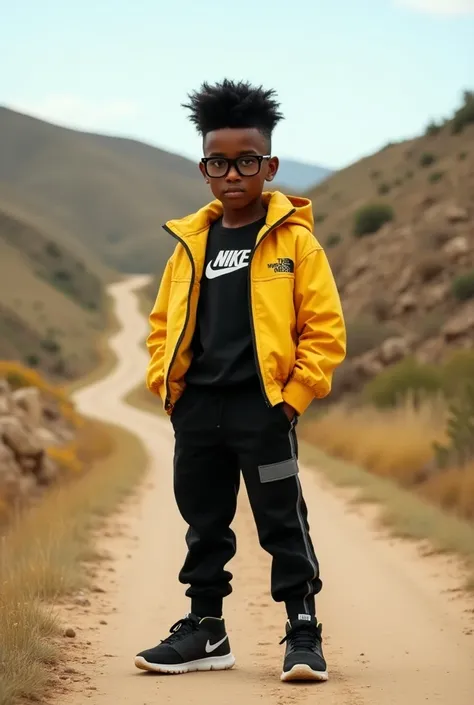 high quailte,8k,Boondocks Jeune garçon noir  avec un taper haut et des lunettes noire avec un ensemble nike Noir et une veste North face Jaune ouverte