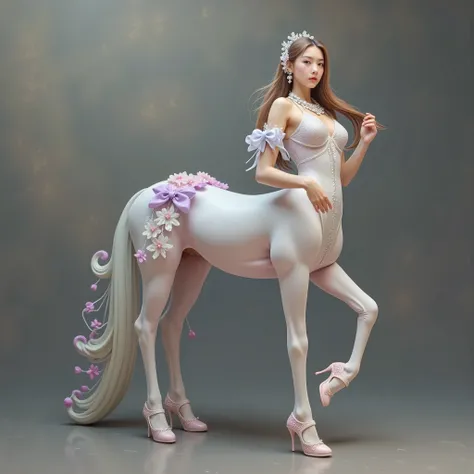 1Centaur Girl, Thousand Hand Guanyin shape , Many arms grow behind , Arms holding different weapons,Buddhism, Flying mural , Buddha shape ,Lotus element , Dunhuang mural as background ,, super detailed, is depicted in detail,The face of the character weari...