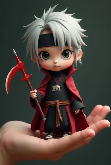  Creates an image of a miniature baby dressed as Hidan from Akatsuki holding a mini sickle with three red blades, with silver hair combed back and a headband around the neck On top of a large human hand .