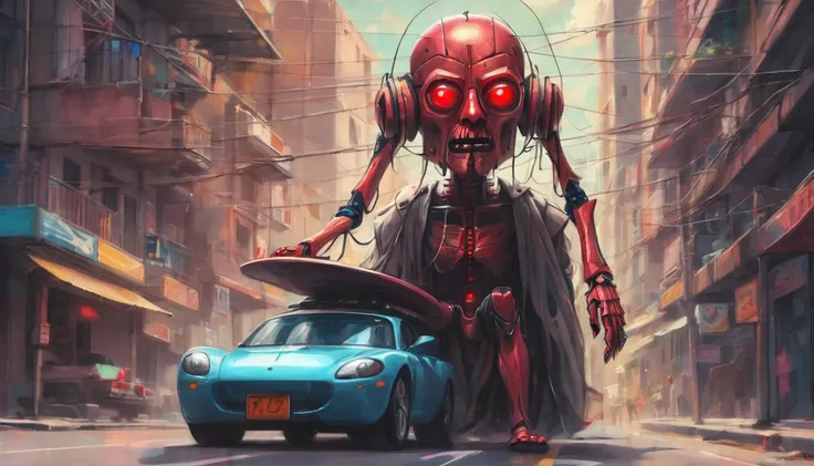 ssta, road, car with canoe, tall mech with toy face, wires, smaller mech drone people with glowing red eyes, jesus christ, arrodillado orando a los cielos, frente a un hermoso orisonte