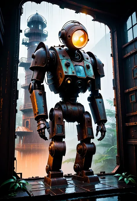 a beautiful illustration of a Rusted and weathered iron Golem, post-apocalyptic abandoned observatory, flickering control panel, ethereal scenery, ambient light from a window, Torrential rain, noir aesthetic