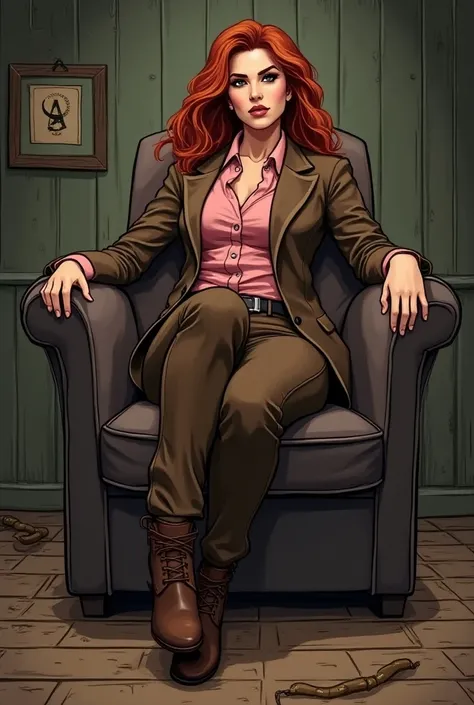 A female news reporter with long red hair discovers a hideout of bank robbers. She is captured and tied to a chair just like in a classic comic book. She is wearing a brown jacket, brown slacks, brown boots and a pink blouse. Realistic 