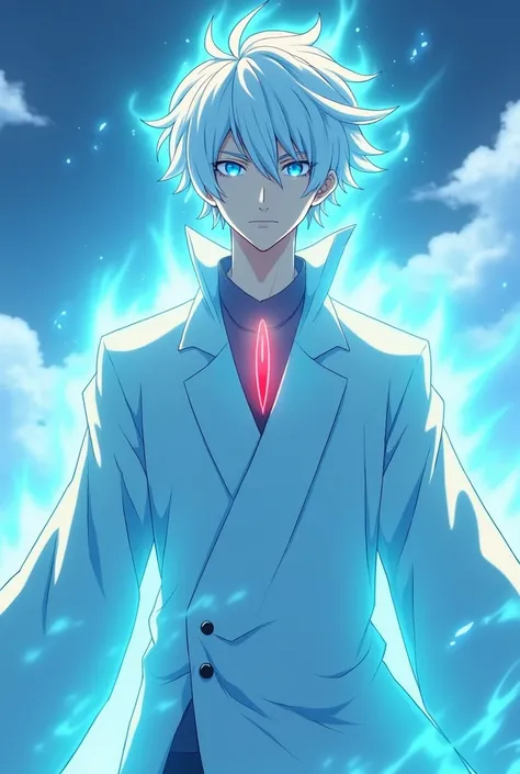 Gojo Satoru with white, all-white hair and blue eyes with a red aura