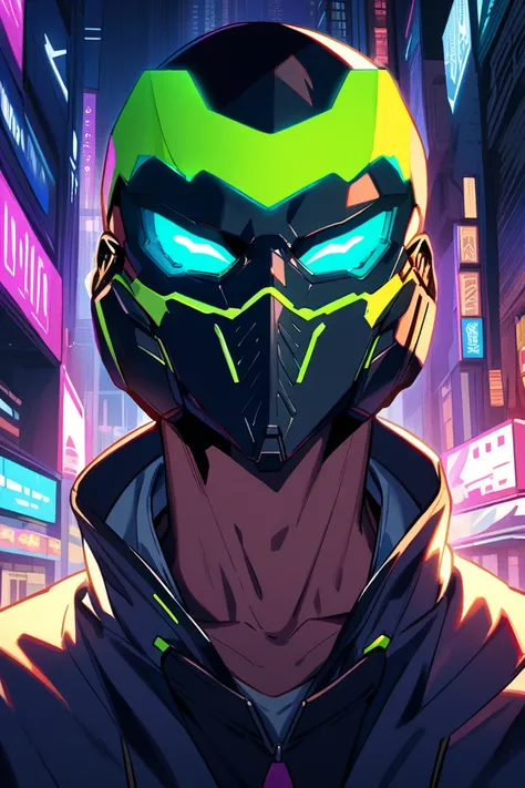 1 Anime boy wearing cyberpunk mask, neon mask, detailed mask, face facing forward, close up, from the front, cyberpunk city