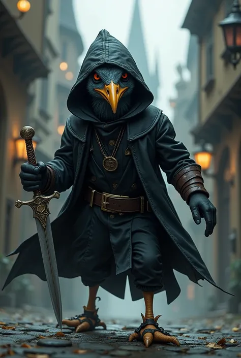 A chicken dressed as an assassin with a dagger in a fantasy city