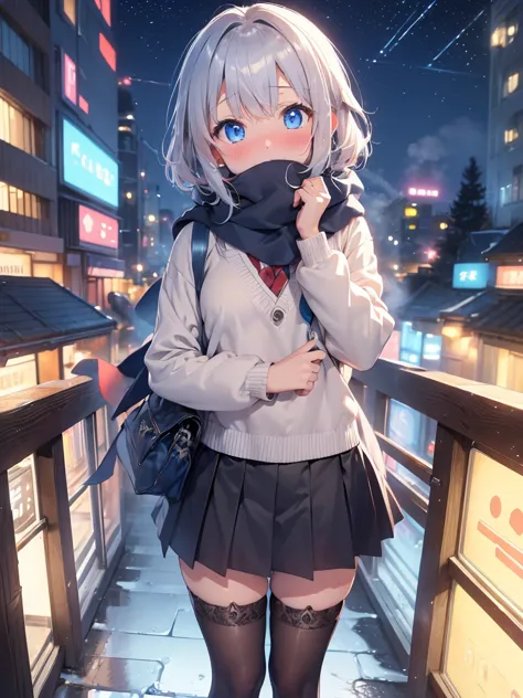 (((masterpiece,  Hi-Res, Best Quality,  anatomically correct ,  high detail,  Ultra High Definition,)))、（high angle 1 .5）、（view from above 1 ,3）、See her from above 、kawaii、JK、（blush1,3）、Winter uniform、 Its Snowing 、Snow Scene、 in the city at night、black ca...