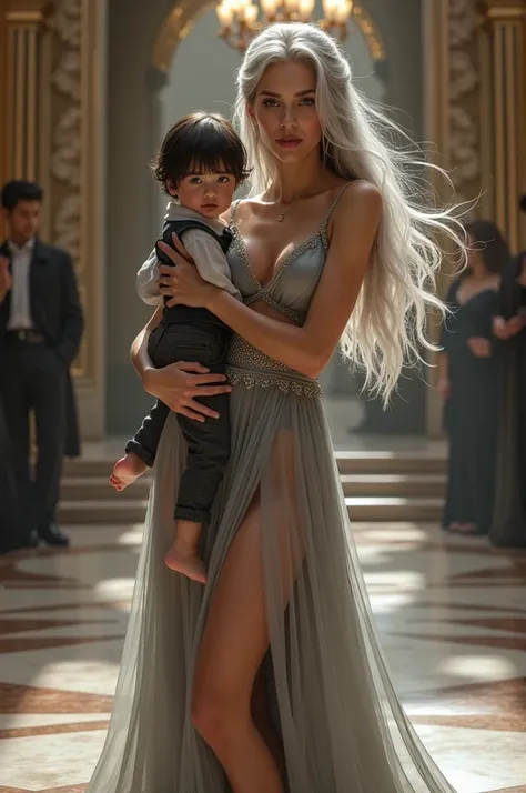 Sophie, a graceful elf woman with stunning silver hair. She made sure to dress in the most alluring manner, her silver elegant v cut gown accentuating her curves as white breas. she standing front of table in the grand dining hall. she carrying a  boy  in ...