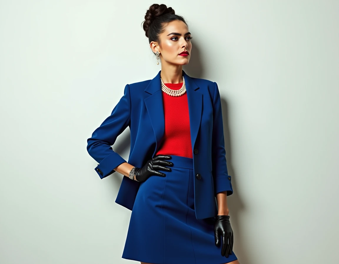 Photograph of Frida Kahlo in a blue suit . she is standing with one hand on her hip and the other hand extended to the side. the woman is wearing a blue blazer ,red sweater with pearls and long sleeves, and a matching skirt. she has a pair of black gloves ...