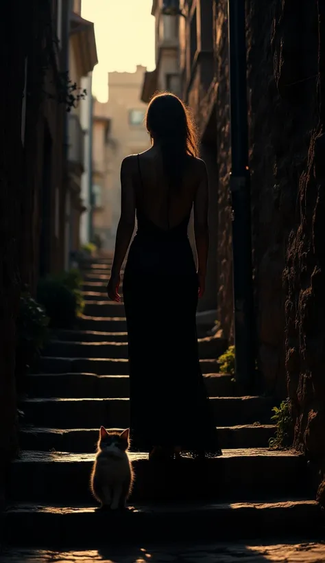 realistic photo of a l silhouette of a woman in sexy dress walking backwards on stone steps in dark alley, she is looking back to a real kitten who walk behind her, cinematic lighting, dramatic shadows, hyper realistic, photorealistic, 8k, high resolution,...