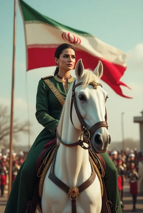 The Iranian President Pezdikian is riding a white horse with the Iranian flag in her hand.