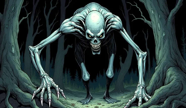 The Rake, with his pale, aphrophied and totally deformed body lurking in the woods, comic book style