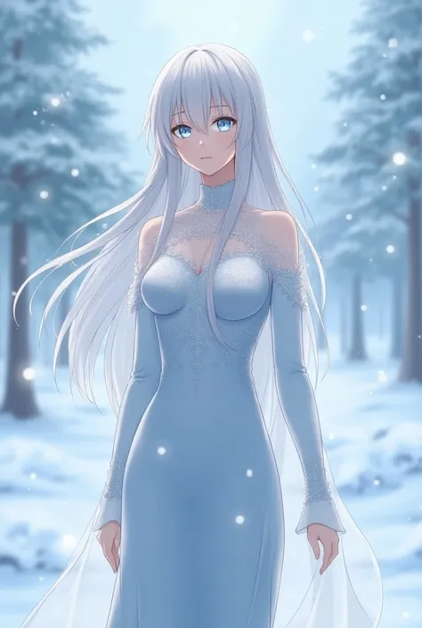 A beautifully illustrated anime-style portrait of a 24-year-old woman with a calm, serene expression that conveys grace and composure. She has long, sleek silver hair flowing past her shoulders, and piercing icy blue eyes that exude wisdom and strength. Sh...