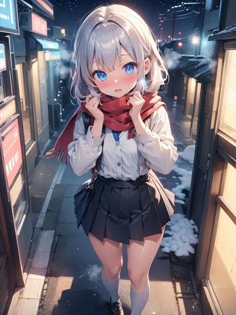 (((masterpiece,  Hi-Res, Best Quality,  anatomically correct ,  high detail,  Ultra High Definition,)))、（high angle 1 .5）、（view from above 1 ,3）、See her from above 、kawaii、JK、（blush1,3）、Winter uniform、 Its Snowing 、Snow Scene、 in the city at night、black ca...