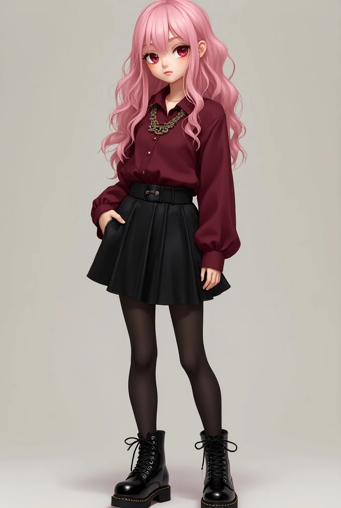 A teenage girl with long wavy baby pink hair wearing a burgundy blouse and a black skirt, black stockings and a shiny black boot. 