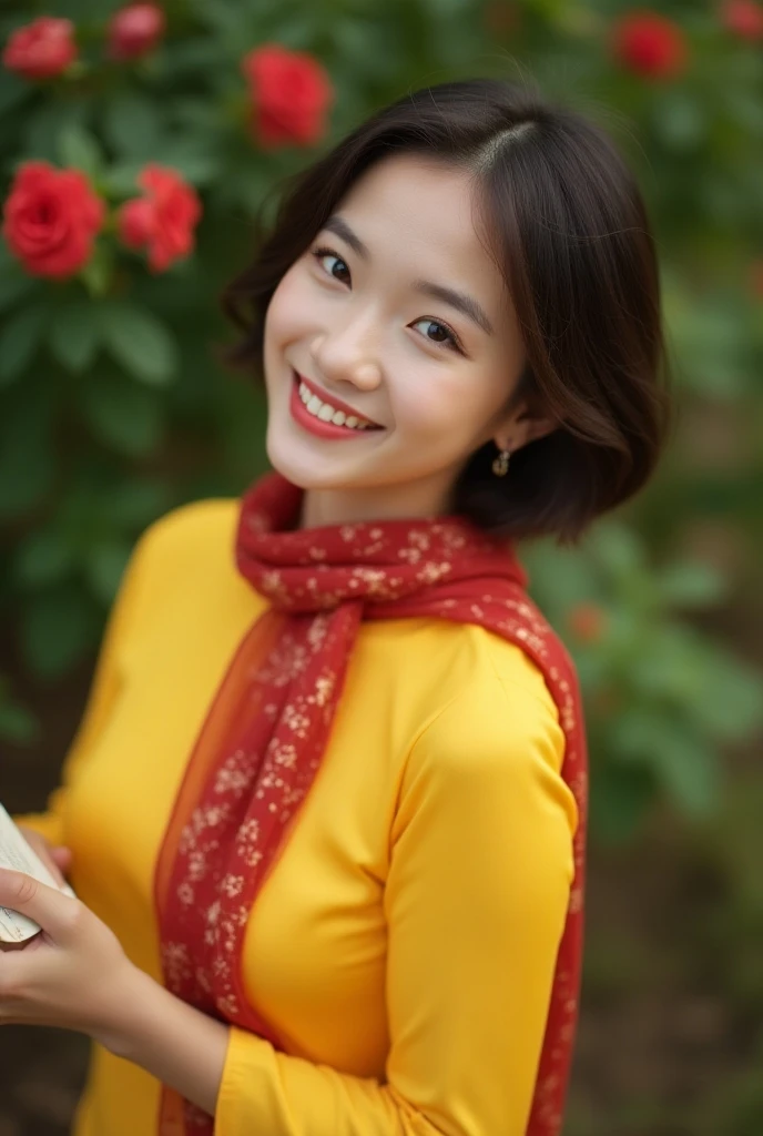 cinematic photo vietnammese woman 22 years old, 3/4 shot, with gorgeous eyes and skin, smiling, shorts hair, eye looking up top, wrap a thin red scarf around your neck, hand holding Book, Ao Dai yellow dress. 35mm photograph, film, bokeh, professional, 4k,...