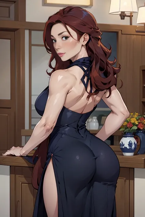 Red haired woman taking photo, looking at the camera ,striking look, marked jaw, photo of coasts, navy blue backless dress, strong back, full hd, 4K, striking look, Long Hair Up to Ass, long red hair, big-ass, medium breasts, Blue dress with a low back