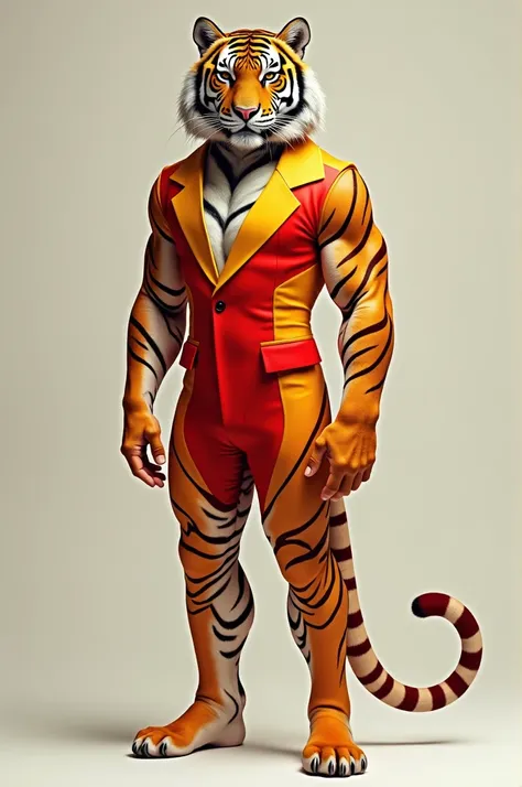 Tiger in red and yellow one-piece suit 