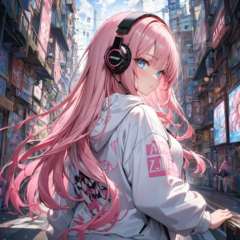 anime、((Amazingly absurd)),(masterpiece:1.2),超High resolution, Attention to detail, High image quality, High resolution, 最High image quality, 4K, 8k、hoodie with the word ((((zaimeth)))) written on it, pink hair, long hair, headphones, beautiful eyes, looki...