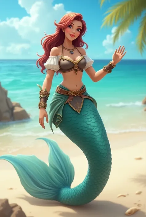 Um personagem de  full body  de RPG com as seguintes características: ( full body :1.5), (woman:1.5), mermaid, fish tail, no legs, roupas de medieval fantasy, Bard clothes, happy, charismatic, singing,  looking at the viewer , beach background, medieval fa...