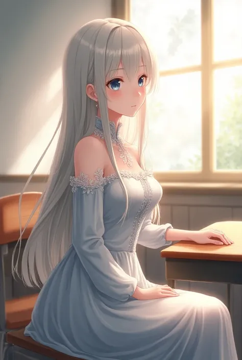 A beautifully illustrated anime-style portrait of a 24-year-old woman sitting at a desk in a classroom, gazing calmly out of the window. She has long, sleek silver hair flowing past her shoulders, and piercing blue eyes that convey wisdom and quiet strengt...