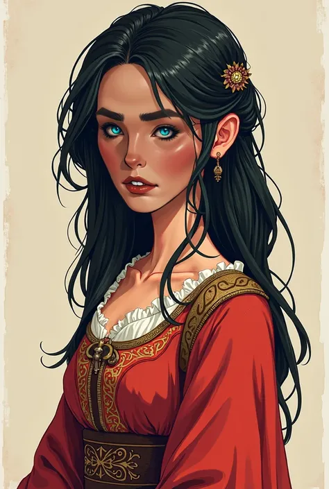 score_9, score_8_up, score_7_up, score_6_up, rating_safe, 2d art, 1girl, flat vector illustration, by wloop, realistic proportional cartoon, character study, black hair, medieval vibrant clothes, hyper stylized drawing, detailed, hyper detailed gouache pai...