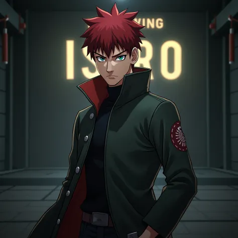 Cartoon realistic menampilkan laki laki ganteng korea yang memerankan layaknya tokoh gaara dalam serial naruto ,  against a background in a dark room with the inscription  "A glowing ISRO " ,   . ultrahd+, realistic, looks authentic, Dramatic scene,  shoul...