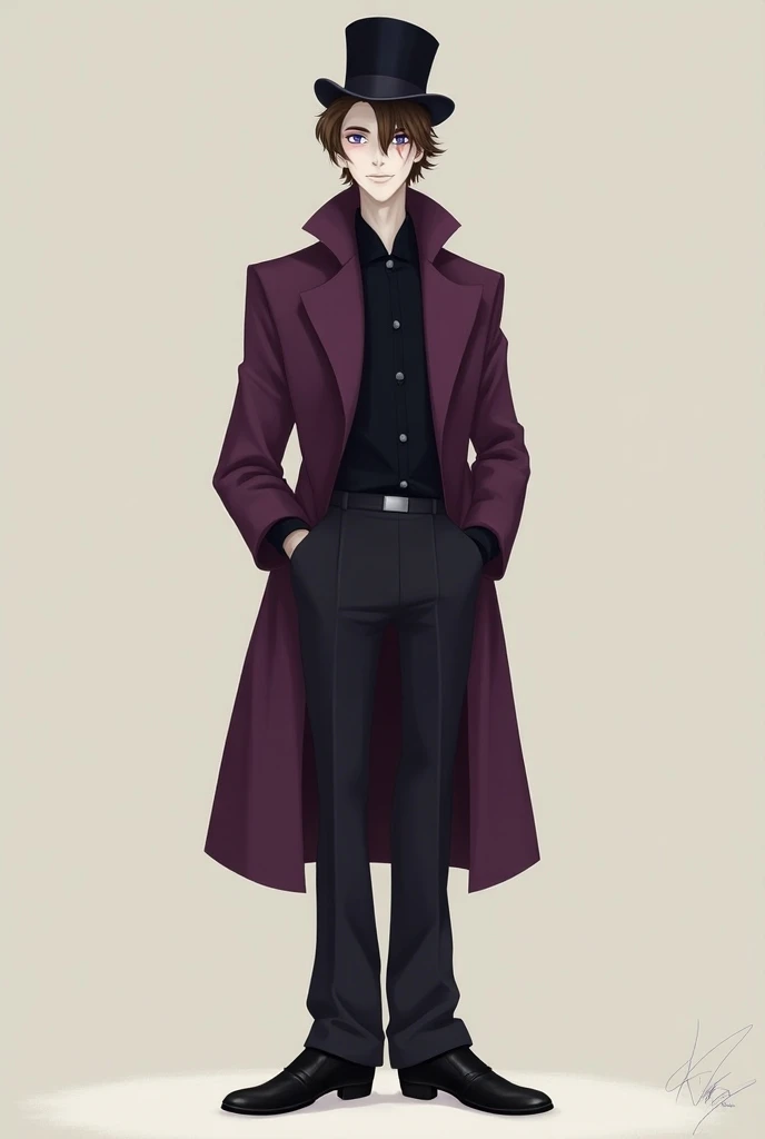 a tall slender man with very pale skin. He has chin-length brown hair in a bob. He has bluish-purple eyes wears a plum colored overcoat that goes down to his knees over a black shirt. He also wears a tall black hat and black shoes in disney style 