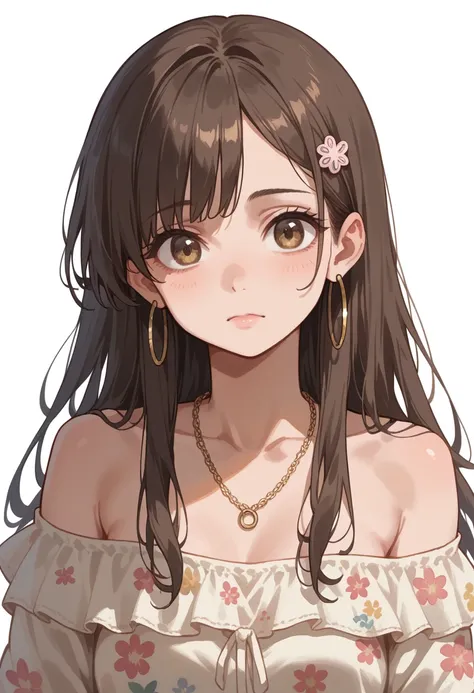 1girl, solo, upper body, long hair, low messy bun, dark brown hair, wavy strands, loose tendrils framing the face, cute pastel hairpin, warm brown eyes, light tan skin, off-shoulder top, white color, loose fit, floral patterns, delicate necklace, small hoo...