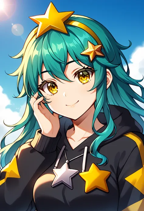 Girl with long dark turquoise hair, yellow eyes, yellow star pin in her head in summer 